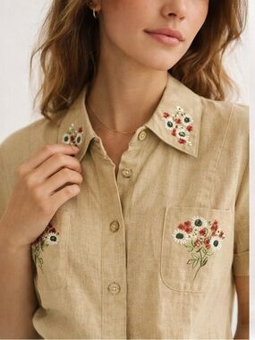 Vintage Ease Sport Embroidered Botanical Linen Blend Size 10 Shirt Cottagecore